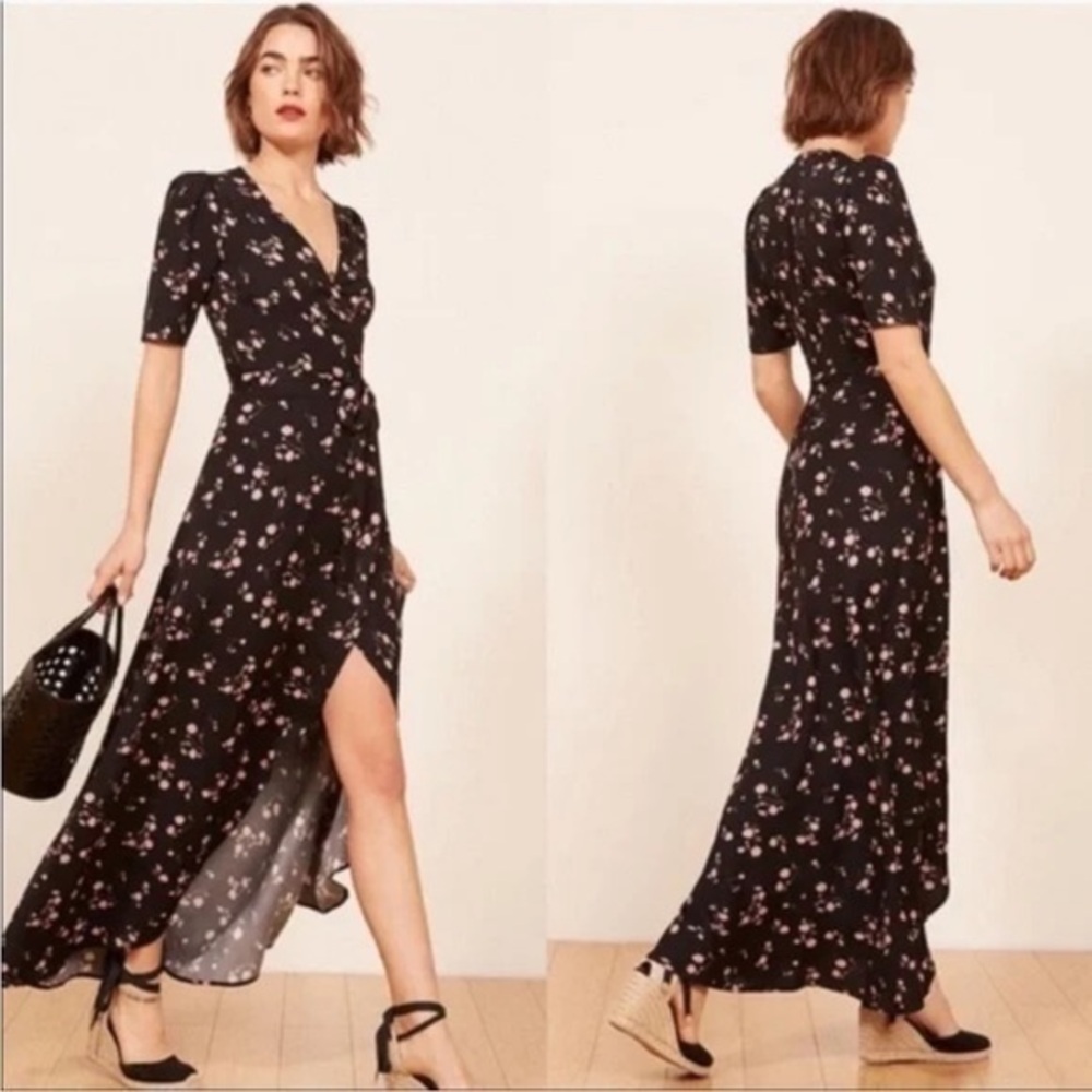 Reformation Black Floral Print Foster Wrap Dress